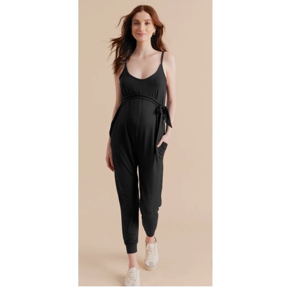 A Pea in the Pod Black Maternity Jumpsuit Spaghetti Strap Tie Waist Jogger LG - Picture 3 of 12